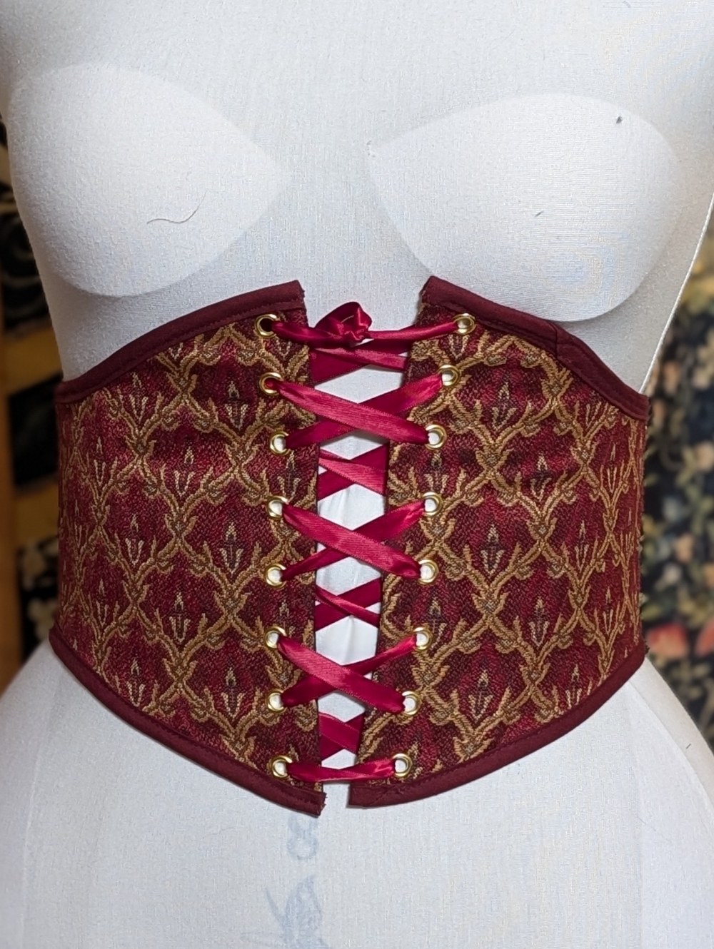 New Handmade Burgundy & Gold Brocade Waist Cincher Corset Belt